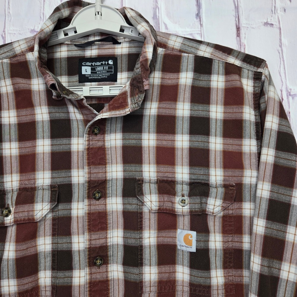 Carhartt Men's Loose Fit Plaid Long Sleeve Button Up Shirt Brown White Red‎ L